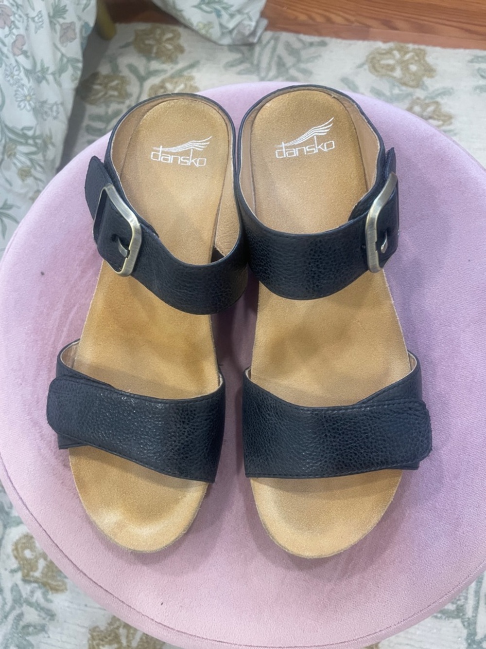 Dansko Black Two-Band Buckle Slide Sandals